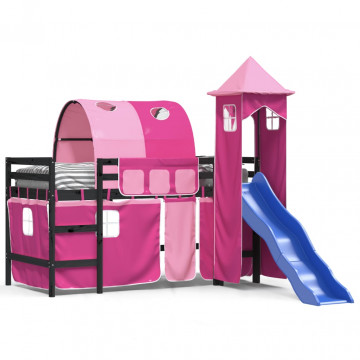 Pat etajat de copii cu turn, roz, 80x200 cm, lemn masiv pin - Img 2