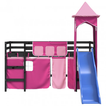 Pat etajat de copii cu turn, roz, 80x200 cm, lemn masiv pin - Img 8