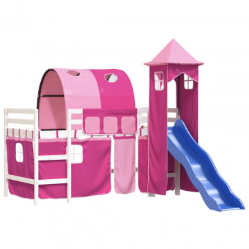 Pat etajat de copii cu turn, roz, 90x190 cm, lemn masiv pin - Img 4