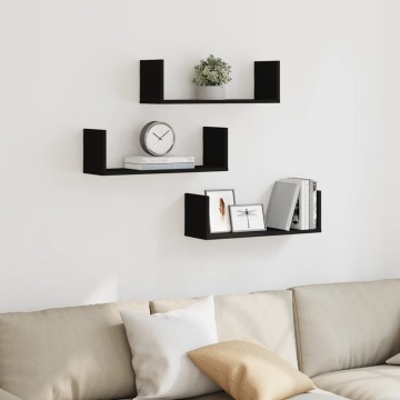 Rafturi de perete, 3 buc., negru, 58x18x18 cm, lemn prelucrat - Img 3