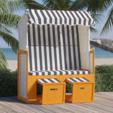 Scaun de plajă cu baldachin,alb&albastru,poliratan&lemn masiv - Img 1