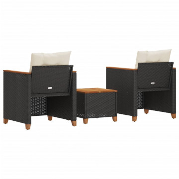 Set bistro cu perne, 3 piese, negru, poliratan și lemn acacia - Img 8