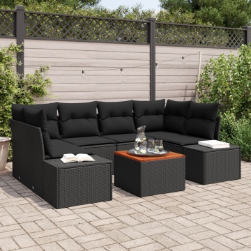 Set canapea grădină 7 piese și perne, Negru, Poliratan, Acacia - Img 1