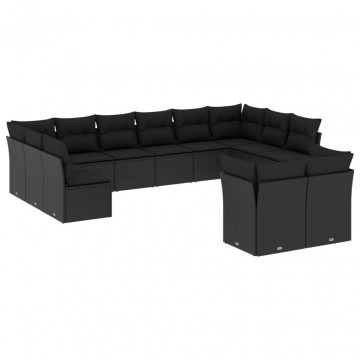 Set canapele de grădină, 12 piese, cu perne, negru, poliratan - Img 2