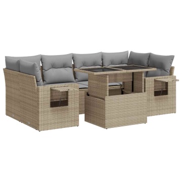 Set canapele de grădină, 7 piese, cu perne, bej, poliratan - Img 2
