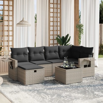 Set canapele de grădină, 7 piese, cu perne, gri, poliratan - Img 1