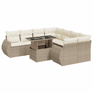 Set canapele de grădină, 9 piese, cu perne, bej, poliratan - Img 2