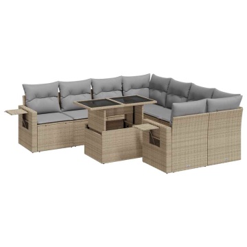 Set canapele de grădină, 9 piese, cu perne, bej, poliratan - Img 2