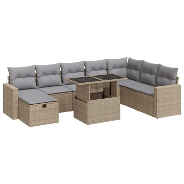 Set canapele de grădină, 9 piese, cu perne, bej, poliratan - Img 2