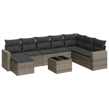 Set canapele de grădină, 9 piese, cu perne, gri, poliratan - Img 2