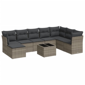 Set canapele de grădină, 9 piese, cu perne, gri, poliratan - Img 2