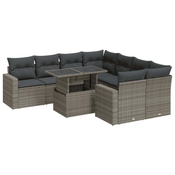 Set canapele de grădină, 9 piese, cu perne, gri, poliratan - Img 2