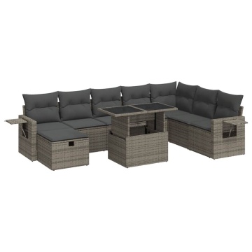 Set canapele de grădină, 9 piese, cu perne, gri, poliratan - Img 2