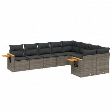 Set canapele de grădină, 9 piese, cu perne, gri, poliratan - Img 2