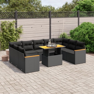 Set canapele de grădină cu perne, 10 piese, negru, poliratan - Img 1