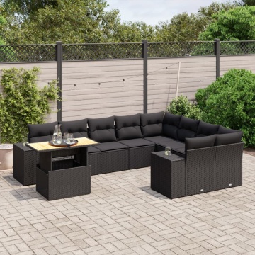Set canapele de grădină cu perne, 10 piese, negru, poliratan - Img 1