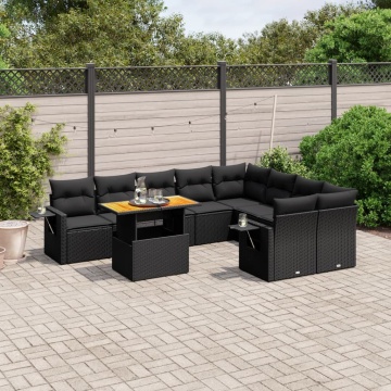 Set canapele de grădină cu perne, 10 piese, negru, poliratan - Img 1