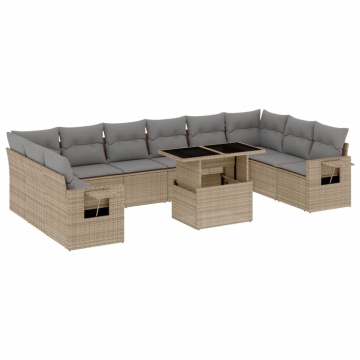 Set canapele de grădină cu perne, 11 piese, bej, poliratan - Img 2