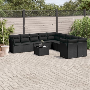 Set canapele de grădină cu perne, 11 piese, negru, poliratan - Img 1