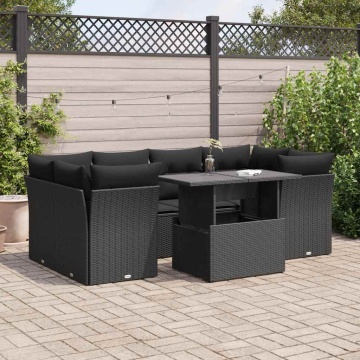 Set canapele de grădină cu perne, 7 piese, negru, poliratan - Img 1