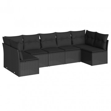 Set canapele de grădină cu perne, 7 piese, negru, poliratan - Img 2