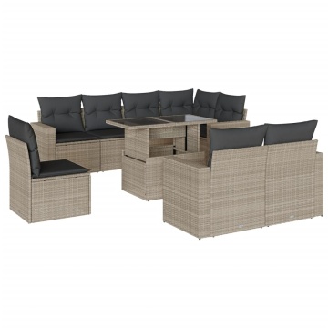 Set canapele de grădină cu perne, 9 piese gri deschis poliratan - Img 2