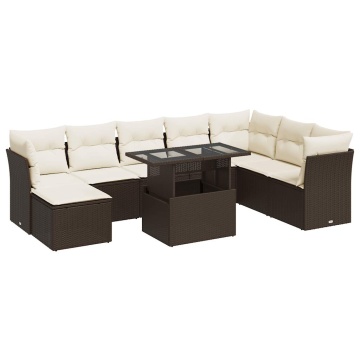 Set canapele de grădină cu perne, 9 piese, maro, poliratan - Img 2