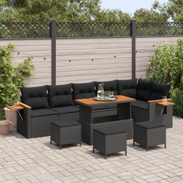 Set Canapele Grădină 9 Piese cu Perne Rattan Poli Negru Acacia, Set Mese Grădină 3 Piese cu Perne Rattan Poli Negru Acacia - Img 1