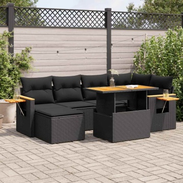 Set canapele grădină perne 7 piese negru, poliratan/lemn acacia - Img 1