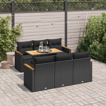 Set canapele grădină perne 7 piese negru, poliratan/lemn acacia - Img 1
