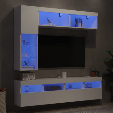 Set comode TV de perete, 7 piese, cu lumini LED, alb - Img 4