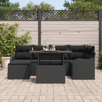 Set de 7 Piese Sofa Grădină cu Pernuțe Negru din Ratan Polimer Acacia, Sofa Grădină cu 2 Locuri și Pernuțe Negre din Ratan Polimer - Img 3