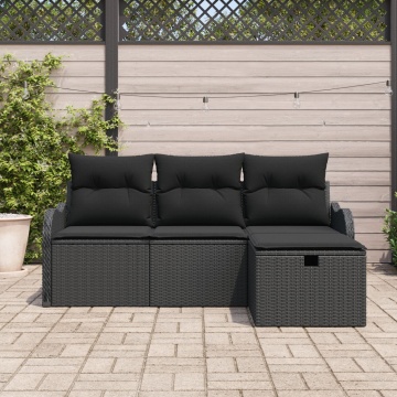 Set de Canapea de Grădină cu 4 Piese și Perne Negru Ratan Poli, Canapea de Grădină cu 2 Locuri cu Spațiu de Stocare & Perne Negru Ratan Poli - Img 3