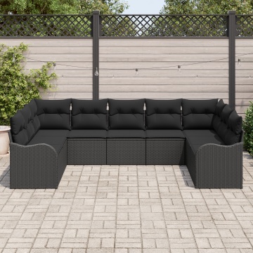 Set de canapea de grădină cu 9 piese și perne, ratan poli, negru, Canapea de grădină cu 2 locuri și perne, ratan poli, negru - Img 3