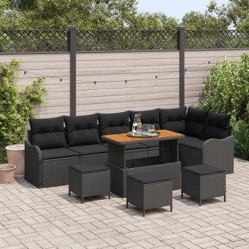 Set de Canapea pentru Grădină 10 Piese cu Perne Ratan Poli Negru Acacia, Canapea Grădină 2 Locuri cu Perne Ratan Poli Negru, Set de Dining pentru Grădină 4 Piese cu Perne Ratan Poli Negru Acacia - Img 1