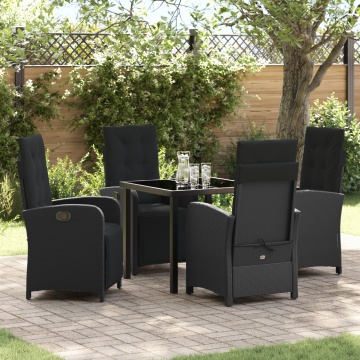Set de masă de grădină cu 5 piese și perne din ratan sintetic negru, Masă de grădină neagră 80x80x73 cm din sticlă securizată - Img 1