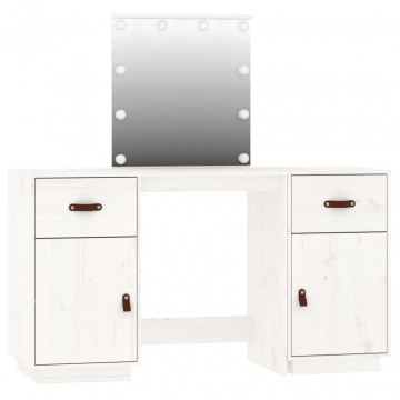 Set de masă de toaletă cu LED, alb, lemn masiv de pin - Img 5