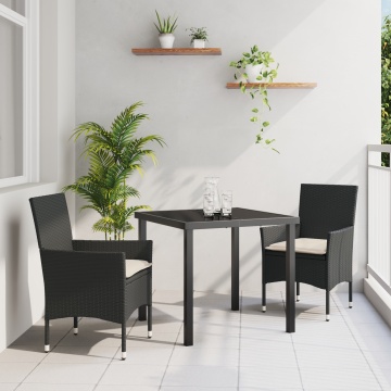 Set de Masă pentru Grădină cu Perne Ratan Sintetic Negru, Masa Neagră 80x80x73 cm cu Sticlă Temperată - Img 1