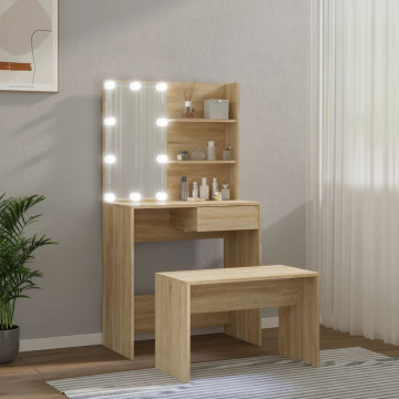 Set de măsuță de toaletă cu LED, stejar sonoma, lemn prelucrat - Img 4