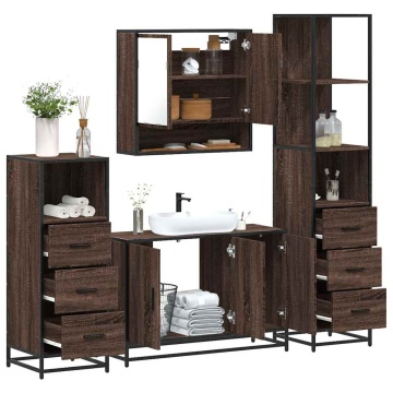 Set de mobilier de baie din 4 piese din lemn de stejar maro - Img 1