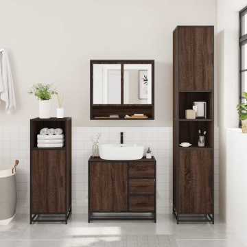 Set de mobilier de baie din 4 piese din lemn de stejar maro - Img 4
