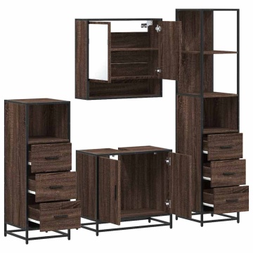 Set de mobilier de baie din 4 piese din lemn de stejar maro - Img 5