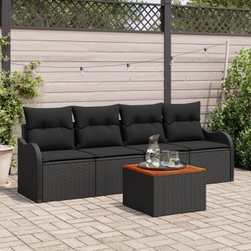 Set de sofa de grădină 5 piese cu perne Negru Poliratan Acacia, Sofa de grădină 2 locuri cu perne Negru Poliratan - Img 1