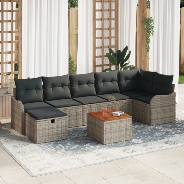 Set de Sofa de Grădină cu 8 Piese cu Pernuțe Gri Ratan Polimeric, Sofa de Grădină cu 2 Locuri cu Pernuțe Gri Ratan Polimeric - Img 1