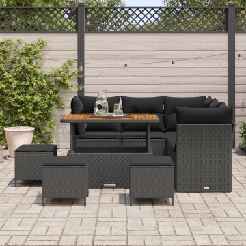 Set de sofa de grădină cu 9 piese și perne Negru Ratan Poli Acacia, Set de dining de grădină cu 4 piese și perne Negru Ratan Poli Acacia - Img 3