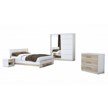 Set dormitor Beta, alb / sonoma, dulap 183 cm, pat 140×200 cm, 2 noptiere, comoda - Img 2