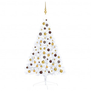 Set jumătate brad Crăciun artificial LEDuri&globuri, alb 120 cm - Img 1