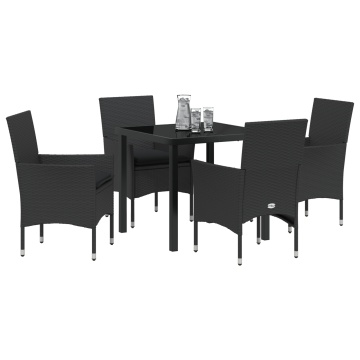 Set mese grădină 5 piese cu perne rattan sintetic negru, Masă grădină neagră 80x80x73 cm cu sticlă securizată - Img 3