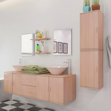 Set mobilier baie format din 9 piese cu chiuvete incluse, Bej - Img 3