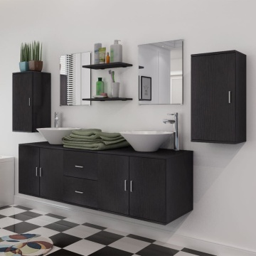 Set mobilier baie format din 9 piese cu chiuvete incluse, Negru - Img 4